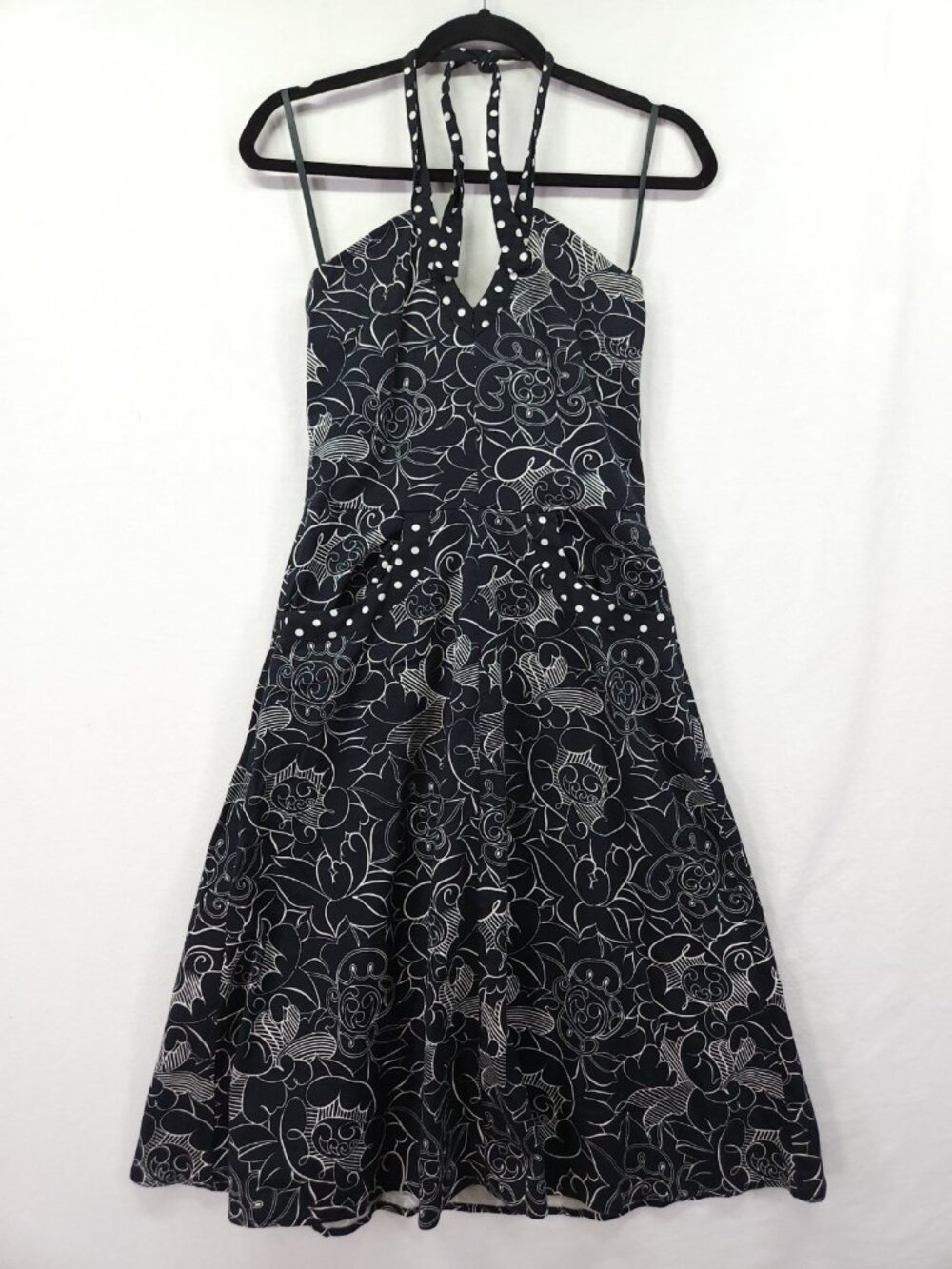 Wendy Hil Size Small Black Floral Polka Dot Halter Dress Retro Rockabilly Flare